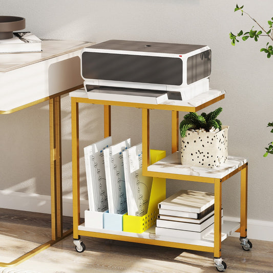the side table holding a printer and office supplies in a home office setting