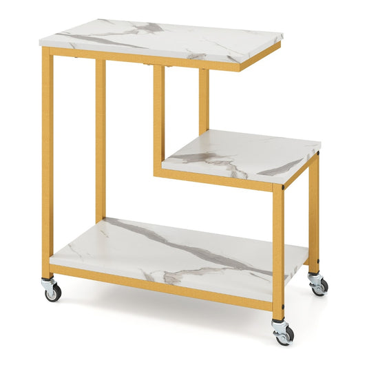 3-Tier Small Sofa Couch Side Table with white marble effect shelves and a gold metal frame