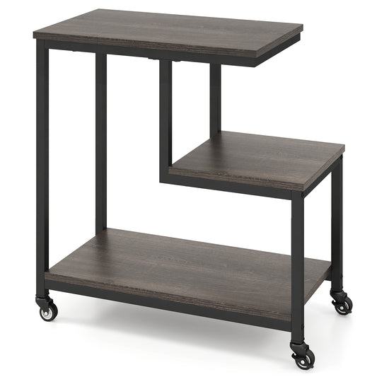 3-Tier Small Sofa Couch Side Table with a dark wood finish and black metal frame on lockable casters