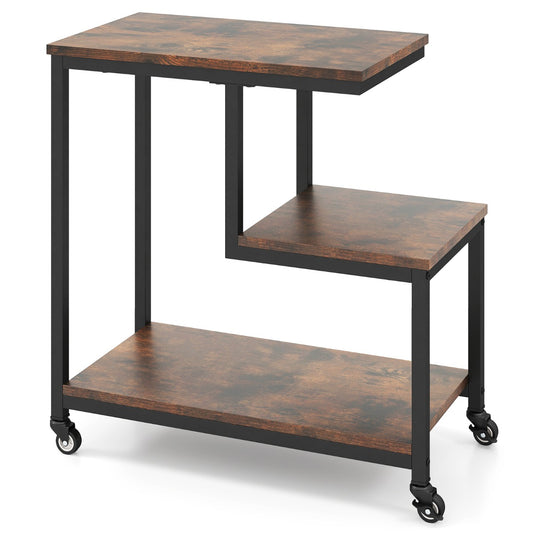 3-Tier Small Sofa Couch Side Table with a brown wood-effect finish and a black metal frame