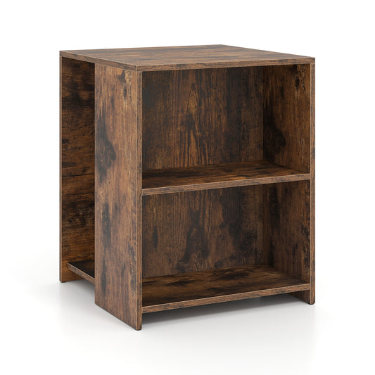 3-Tier Square Wooden End Table with Open Storage Shelves-Rusticbrown, a rustic brown wooden cube-shaped side table with two