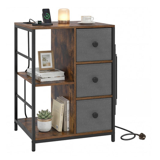 3-Tier Storage Cabinet with Charging Hub and Storage Shelf in rustic brown with three grey drawers and open shelves