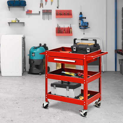The red tool trolley with drawer and four wheels is shown in a garage setting with tools on the shelves