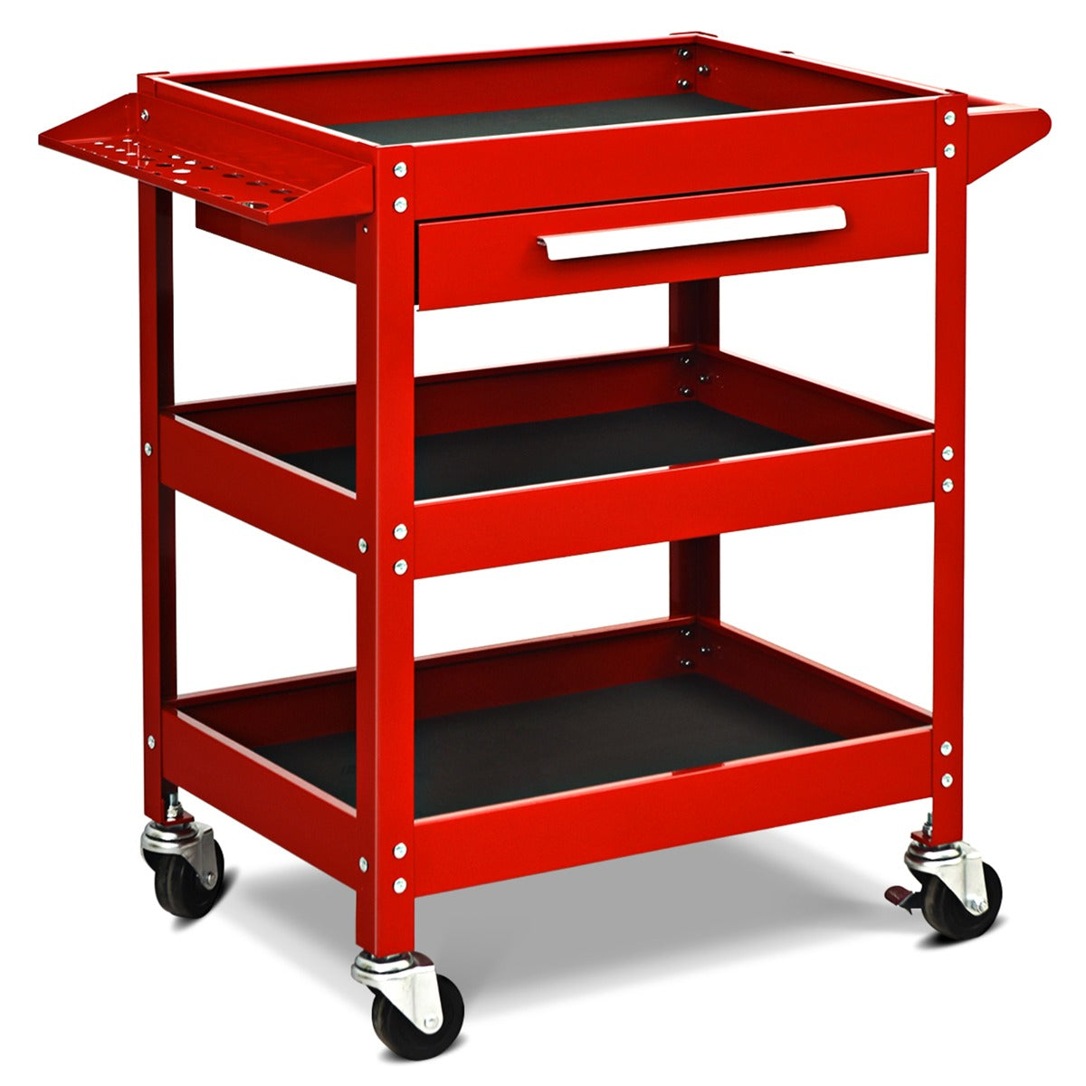 3 Tier Tool Trolley with Drawer and 4 Wheels, a red metal trolley with three shelves and a drawer, shown from the front