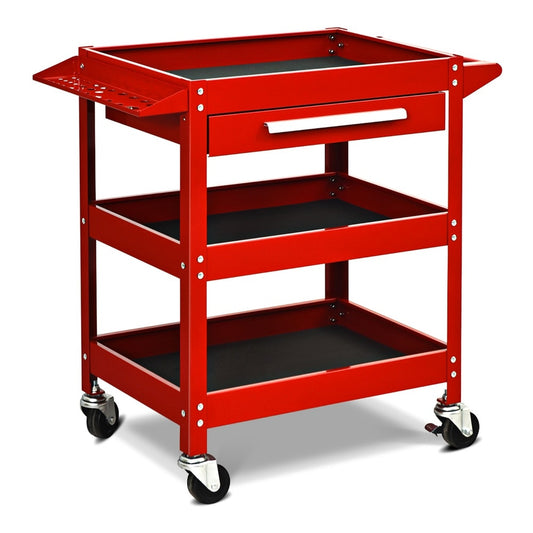 3 Tier Tool Trolley with Drawer and 4 Wheels, a red metal trolley with three shelves and a drawer, shown from the front