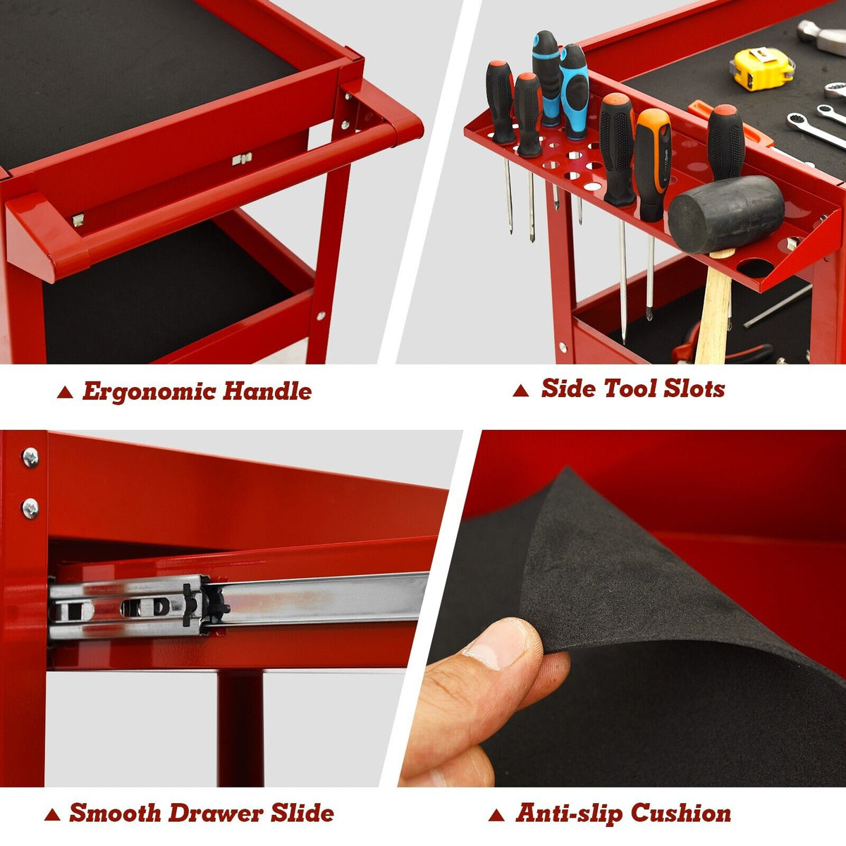 Close-up details of the red tool trolley including smooth drawer slides and anti-slip cushions