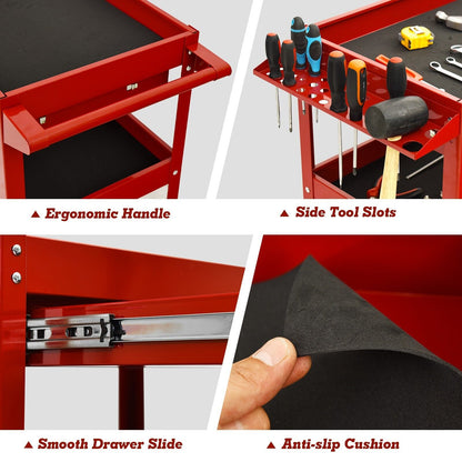 Close-up details of the red tool trolley including smooth drawer slides and anti-slip cushions