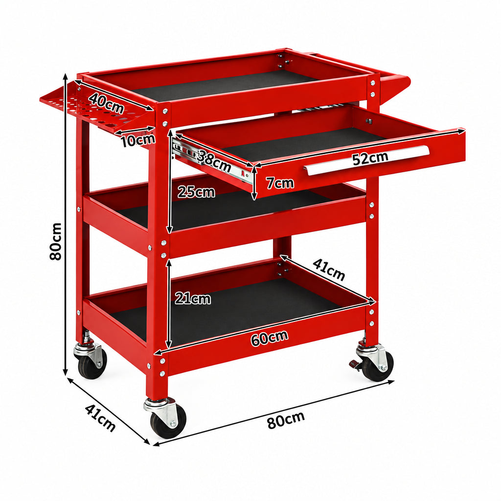 The red tool trolley with drawer and four wheels is shown with dimensions marked