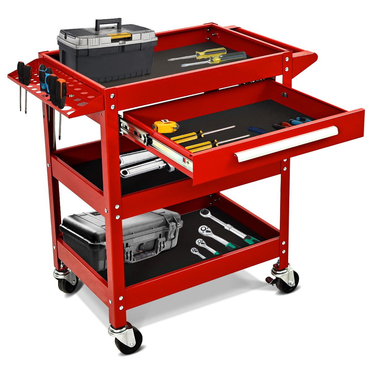 Close-up of the red tool trolley with its drawer and shelves containing various tools