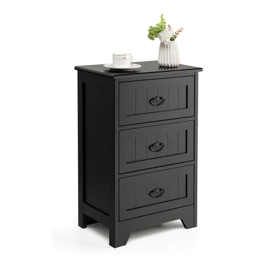 3-Tier Vintage Nightstand with Exquisite Metal Handles in black, a compact bedside table with three drawers