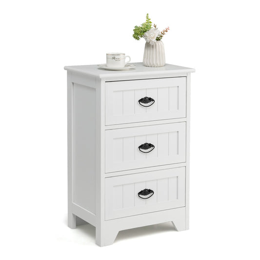 3-Tier Vintage Nightstand with Exquisite Metal Handles, a white wooden bedside table with three drawers