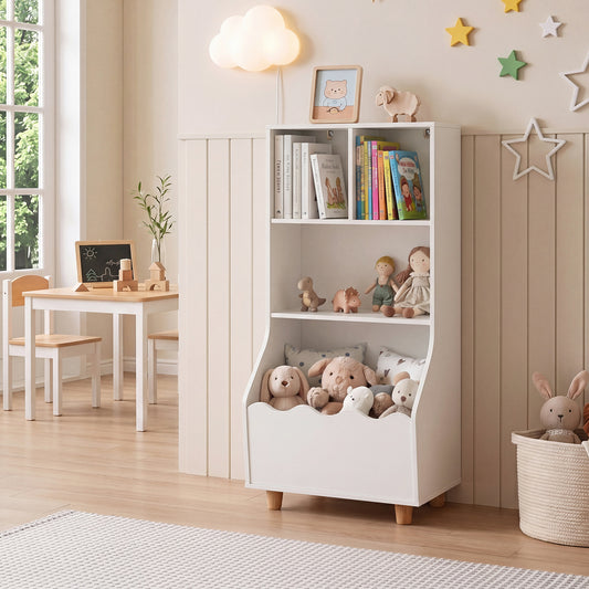 The white wooden bookshelf filled with children's books and plush toys in a nursery