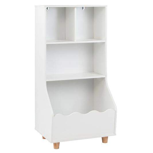 3-Tier Wooden Bookshelf in white with three open storage compartments and scalloped base detail