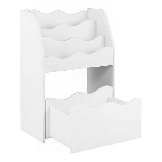 3-Tier Wooden Kids Book Shelf with a white finish and a large rolling storage drawer at the base