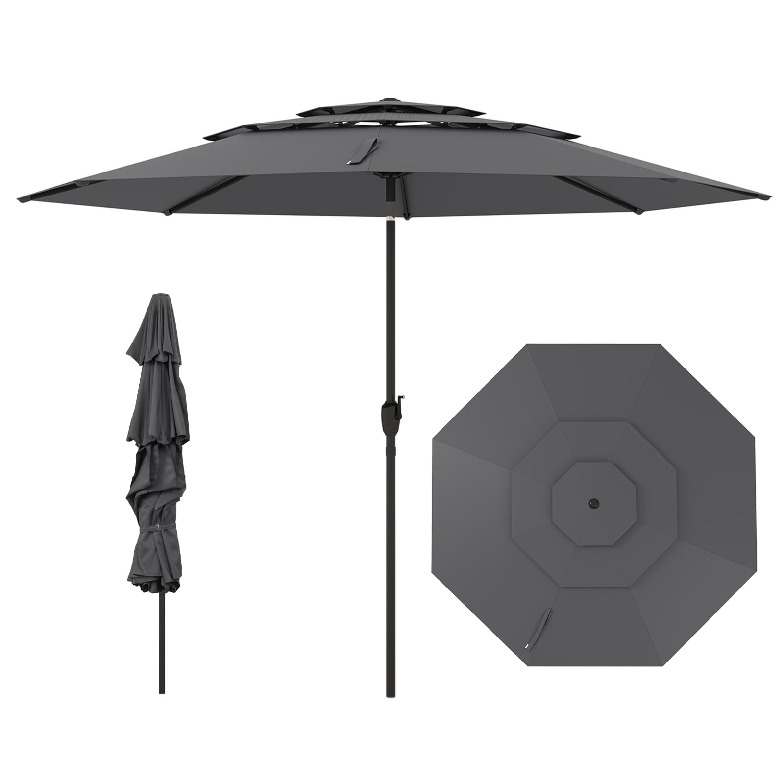 295 cm 3-tier Vented Patio Large Market Table Umbrella with Push Button Tilt-Grey