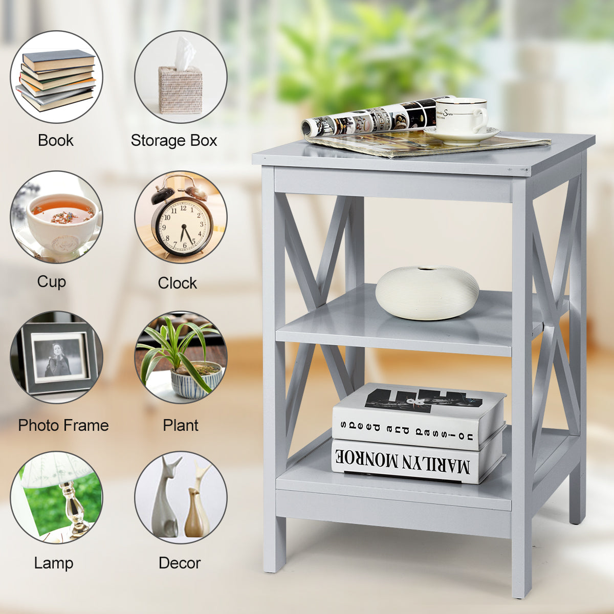 3-Tier Wooden Side table / Bedside Table -Grey