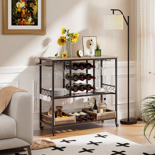 The bar cart on wheels in a living room setting with a sofa and lamp