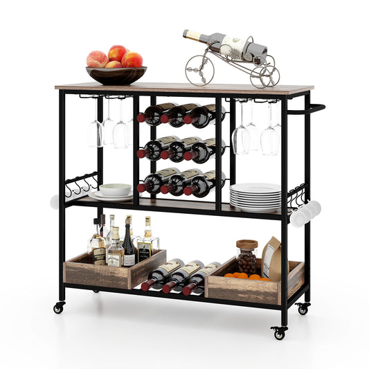 3 Tiers Bar Cart on Wheels with Glass Racks with a wooden top and metal frame, holding bottles, glasses and fruit