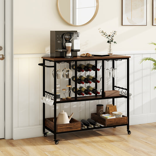 The baker's rack in a domestic setting, holding a coffee machine and various bottles