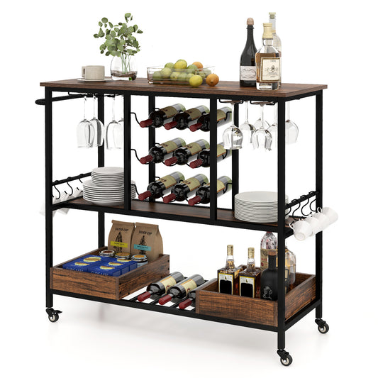 3 Tiers Bar Cart on Wheels with Glass Racks, a rustic brown baker's rack with wine bottle holders and hanging glass racks