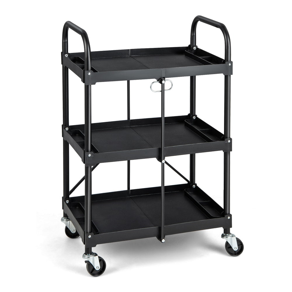 3 Tiers Folding Tool Trolley with lockable wheels and tool grooves in black