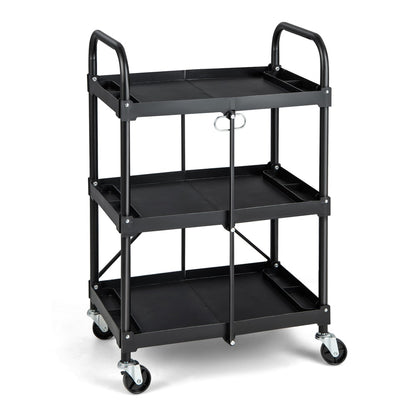 3 Tiers Folding Tool Trolley with lockable wheels and tool grooves in black
