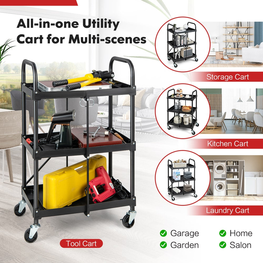 This three-tier utility cart is shown in different settings like a kitchen, laundry room and garage