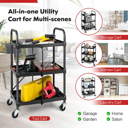 This three-tier utility cart is shown in different settings like a kitchen, laundry room and garage