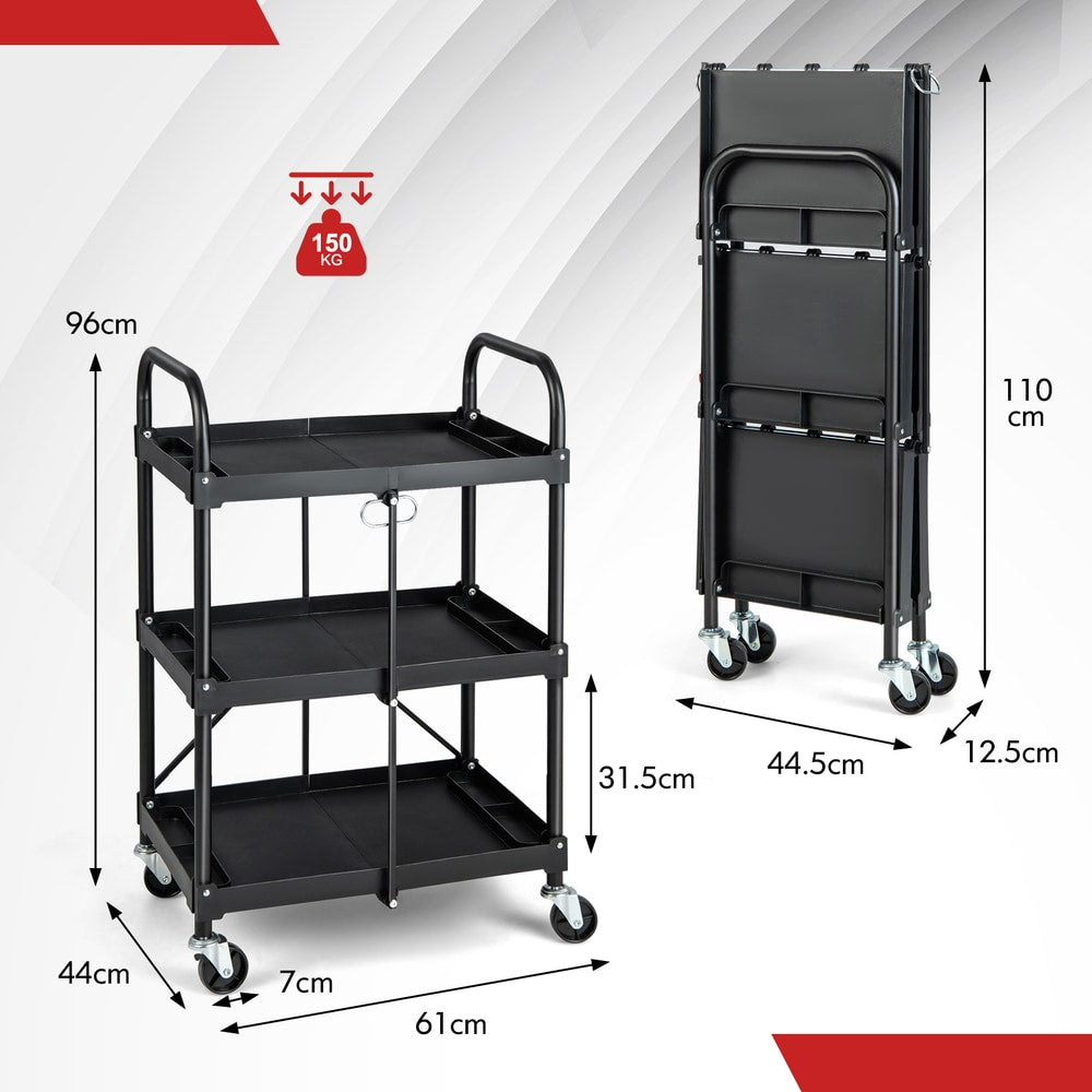The three-tier folding tool trolley is shown folded and unfolded with dimensions