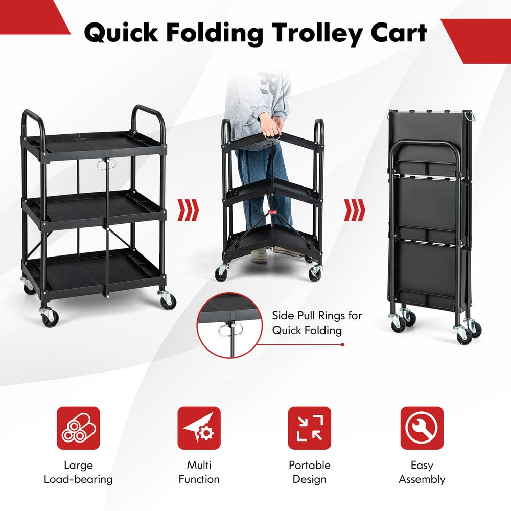 Quick folding trolley cart with side pull rings for easy folding