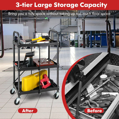 A three-tier storage trolley before and after being filled with tools