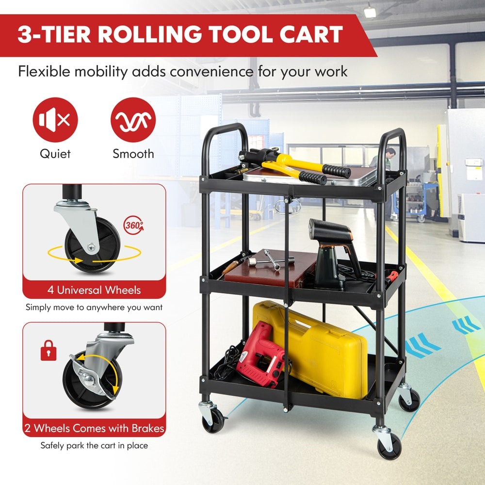 The three-tier rolling tool cart has four universal wheels, two with brakes