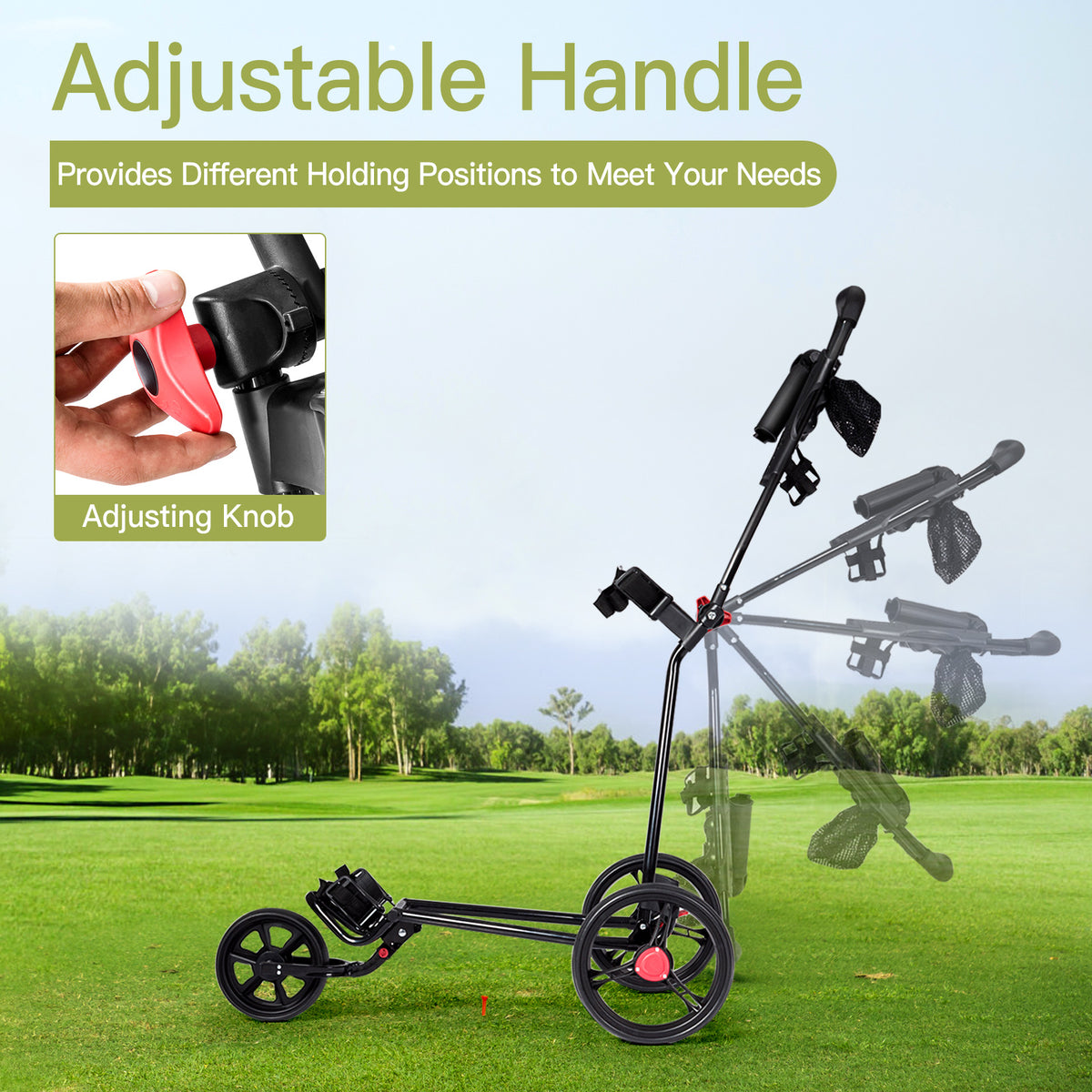 Close up of the adjustable handle on the golf push cart