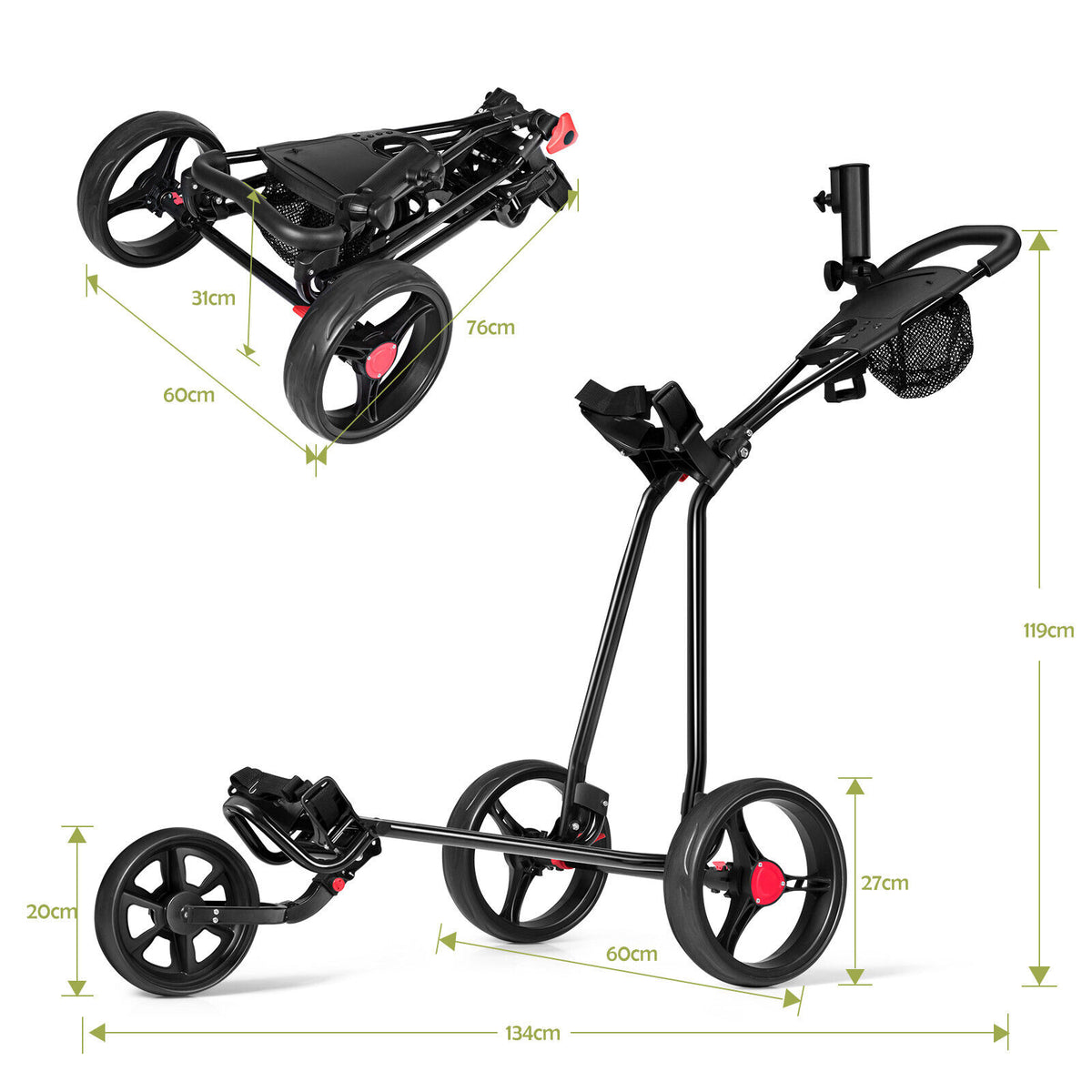 Dimensions of the folded and unfolded golf push cart