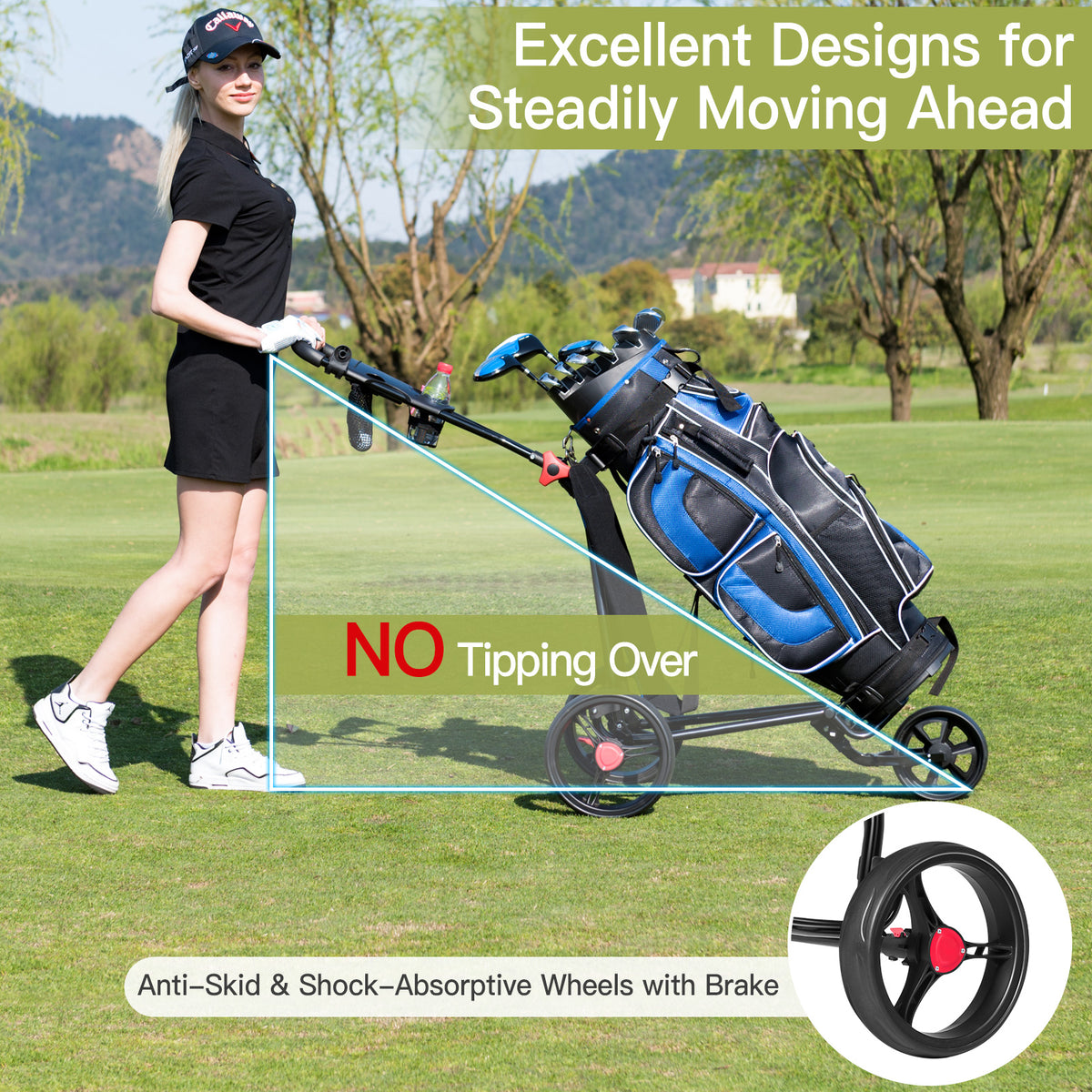 Golf push cart with a woman and golf bag, showing stability