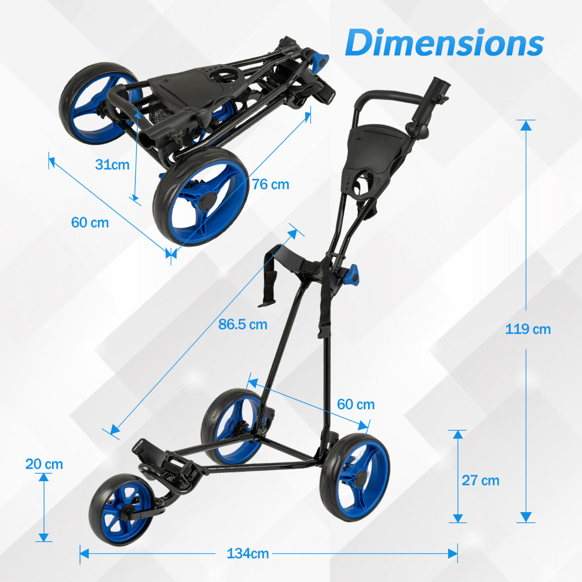 Dimensions diagram of the blue and black golf push cart