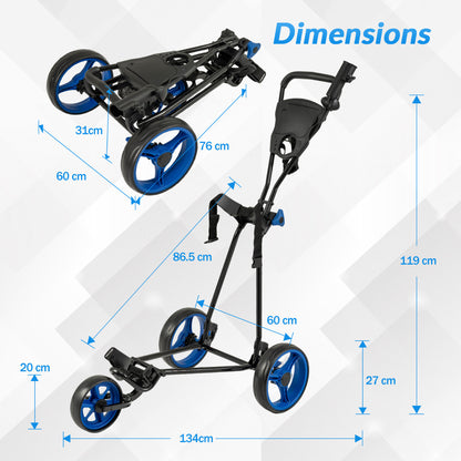 Dimensions diagram of the blue and black golf push cart