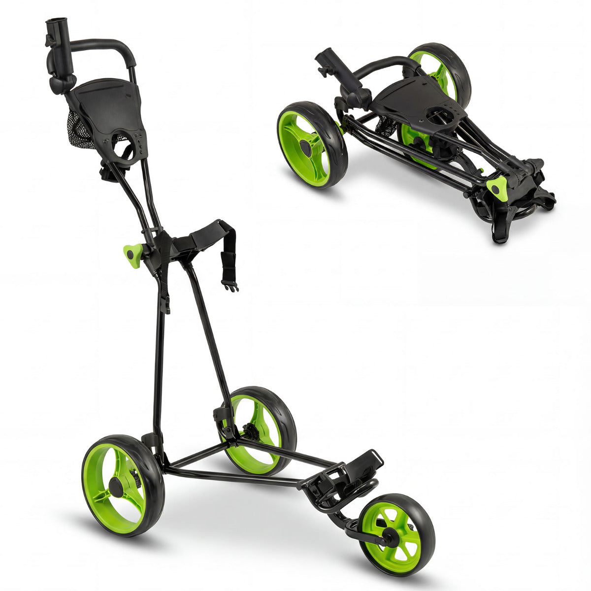3 Wheel Folding Golf Push Cart with adjustable height handle and foot brake in green