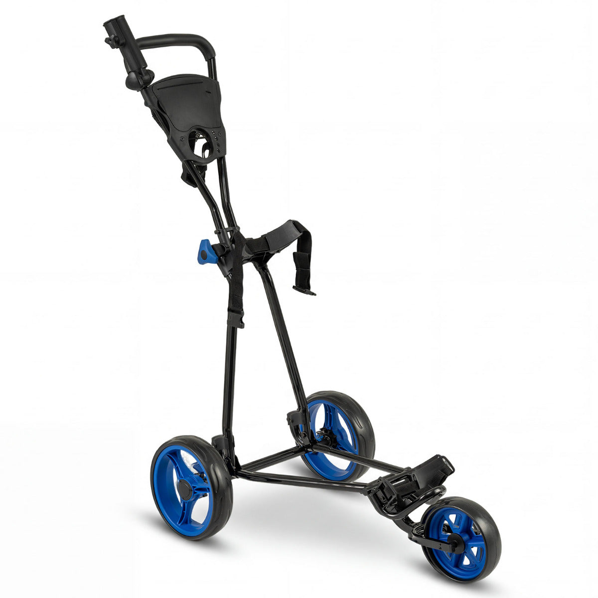 Blue and black three wheel golf push cart, front view