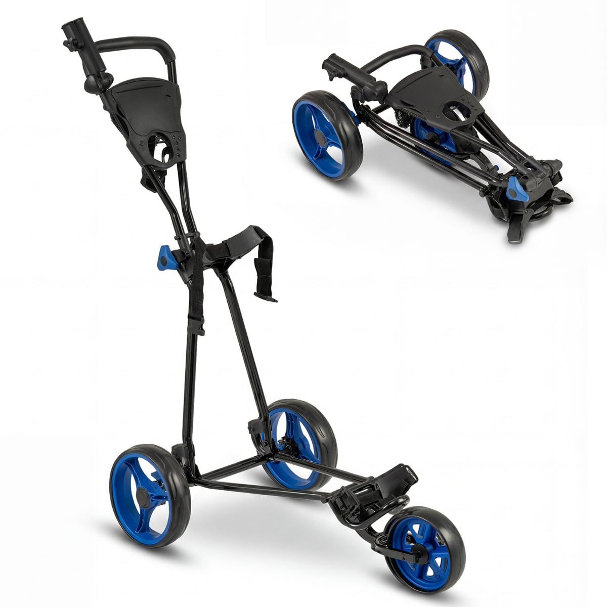 3 Wheel Folding Golf Push Cart with blue wheels and black frame, shown unfolded and folded
