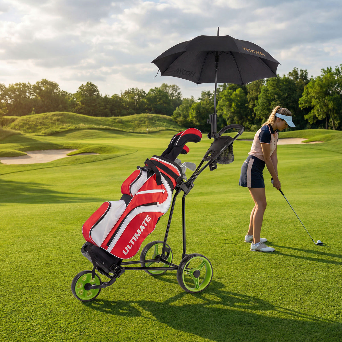 A woman plays golf with a golf bag on the green trolley