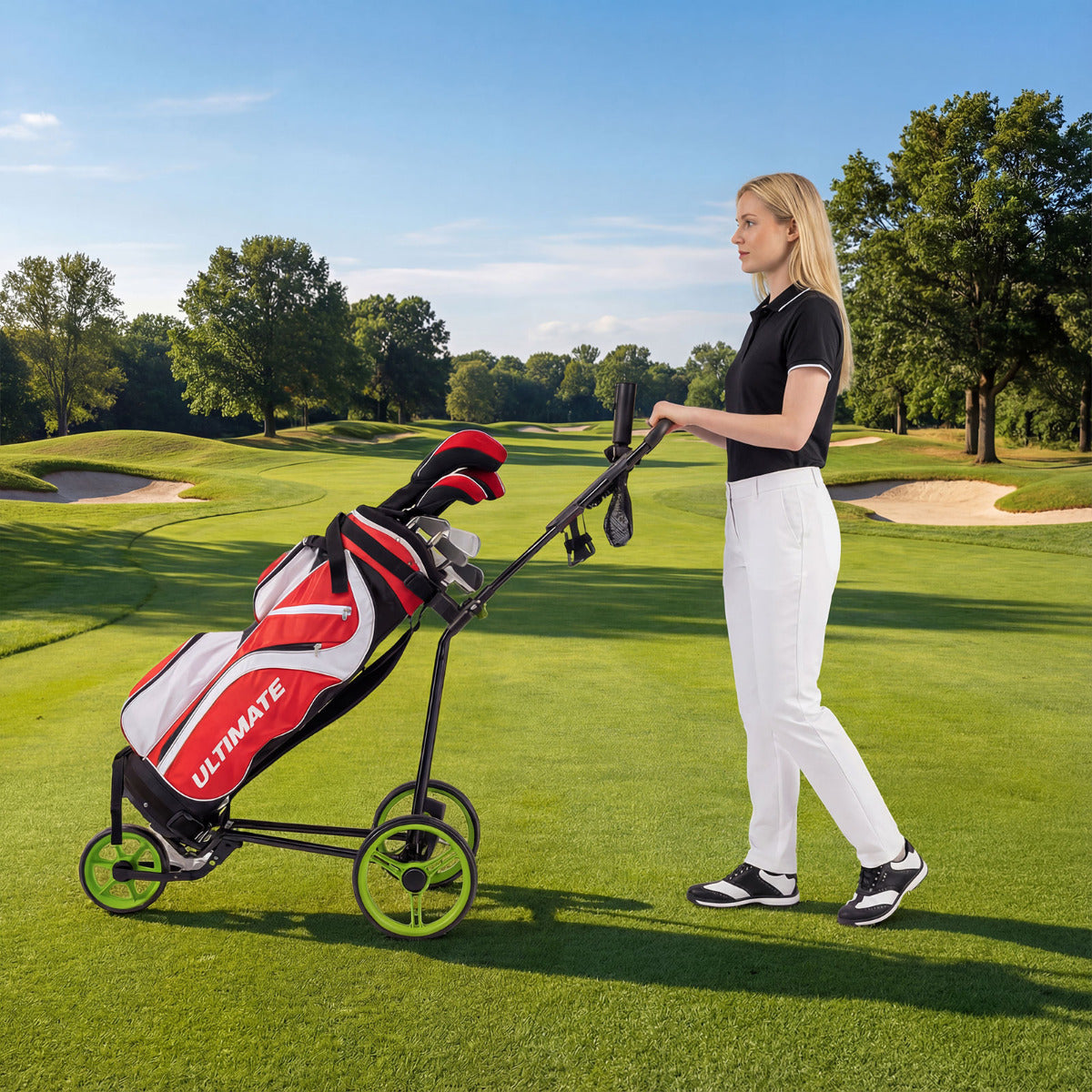 A woman walks with the golf trolley on a golf course