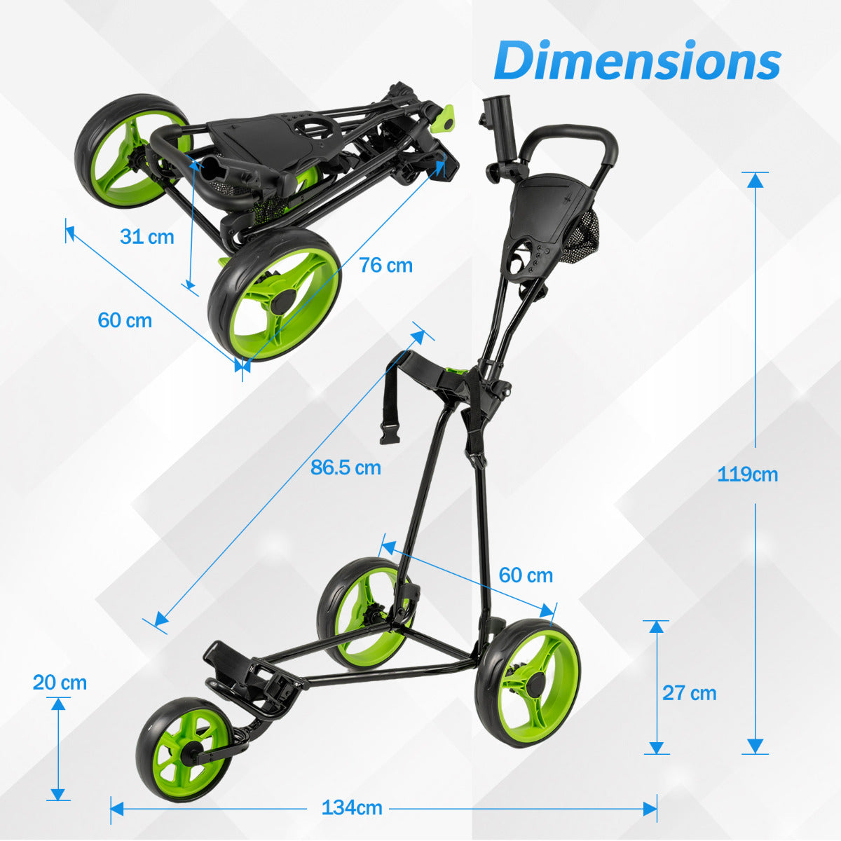 Dimensions diagram of the green golf trolley