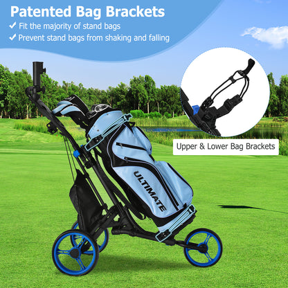 The golf trolley holding a bag with a close-up of the bag bracket mechanism