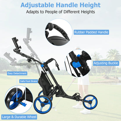 The golf trolley showing the adjustable handle and foot brake features
