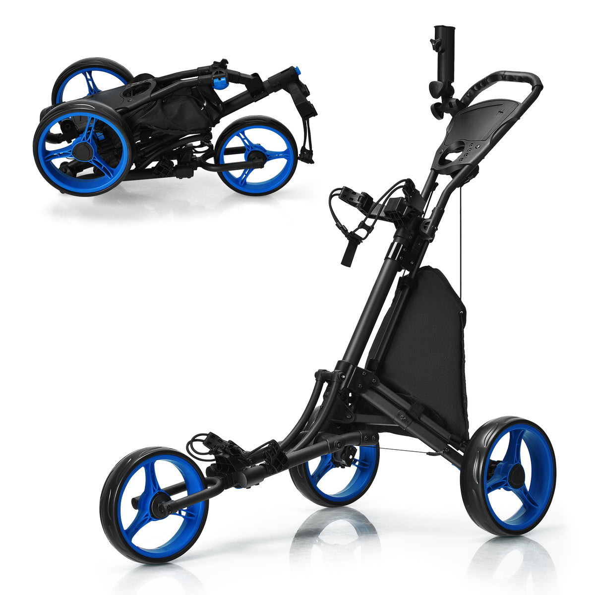 The golf trolley shown in both its upright and folded positions