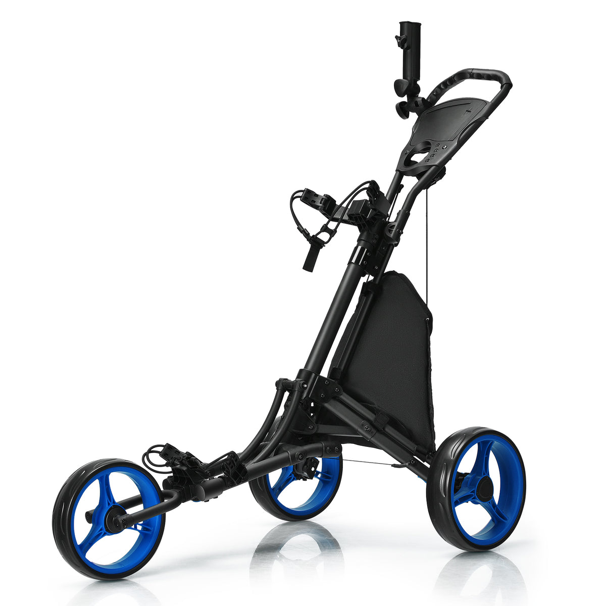 3 Wheel Golf Push Pull Cart in black with bright blue wheels on a white background