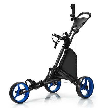 3 Wheel Golf Push Pull Cart in black with bright blue wheels on a white background