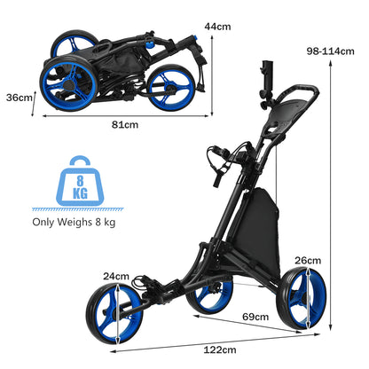 The golf trolley with dimensions and weight indicated on the image