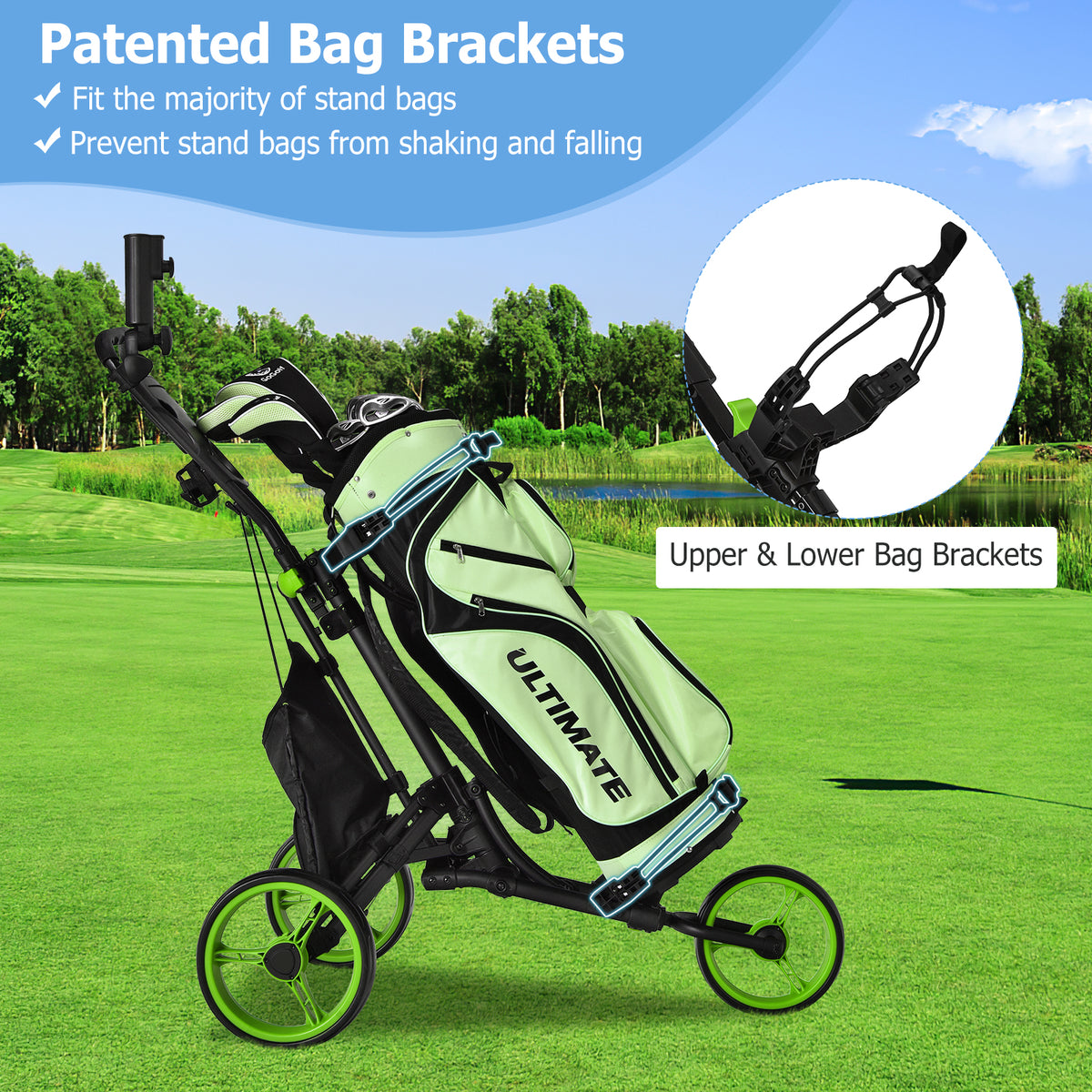 The golf trolley with a bag attached showing the upper and lower brackets on a grassy field